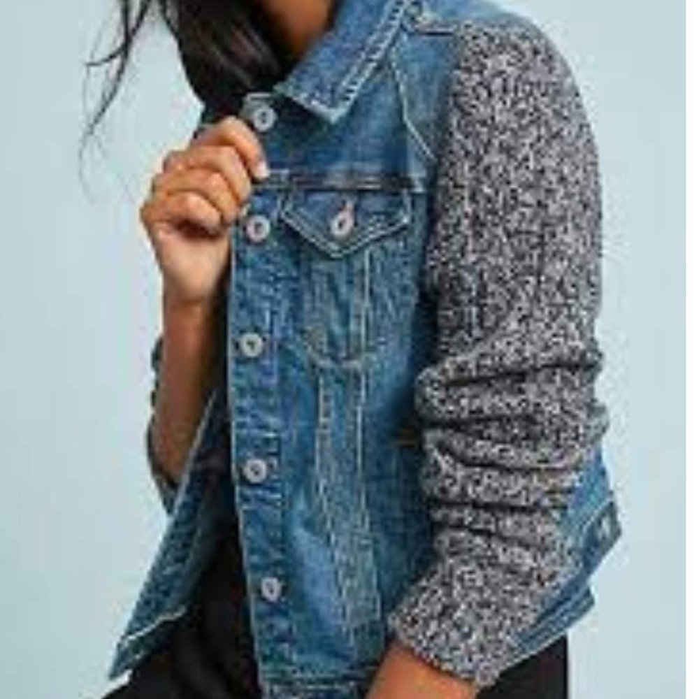ANTHROPOLOGIE PILCRO+ LETTERPRESS Jean Jacket Knit Sweater Wool Sleeve Womens L